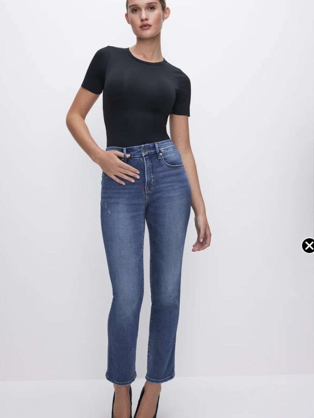 Good American Mid-Rise Straight Leg Compression Jeans in Medium Blue Sz.14/32